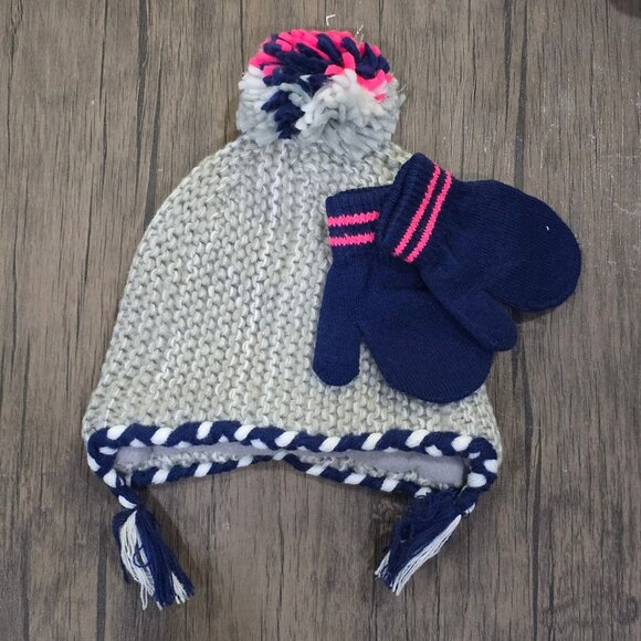 Carter’s ✦ Toddler Knit Hat & Mittens Set ✦ Pom & Tassels Gray/Navy 2T-4T NWT - Picture 2 of 8